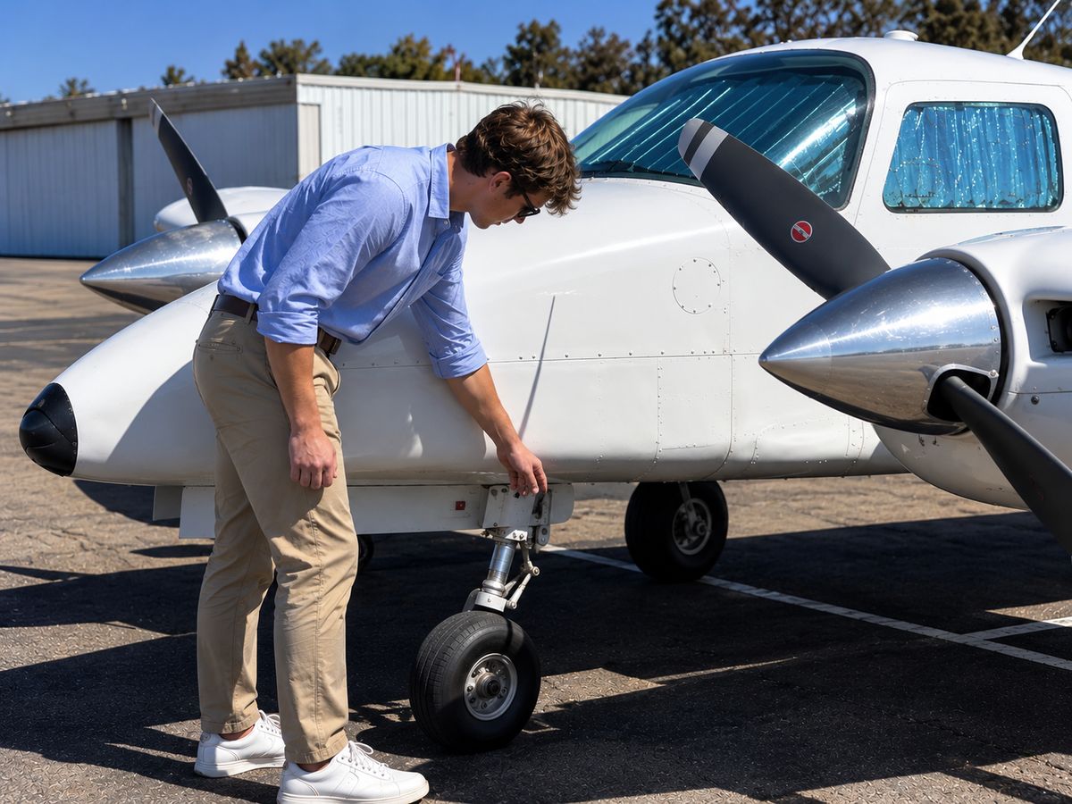 pilot doing a preflight inspection of the twin-engine training airplane before a multi-engine lesson